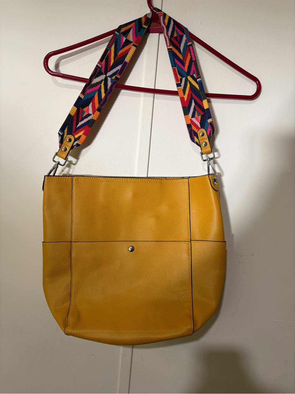 Mustard Yellow Women’s Shoulder Bag with Colorful Strap